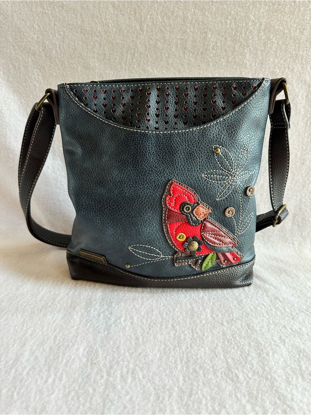 Chala Sweet Messenger Cardinal Crossbody Bag Navy Faux Leather Embroidered Bird